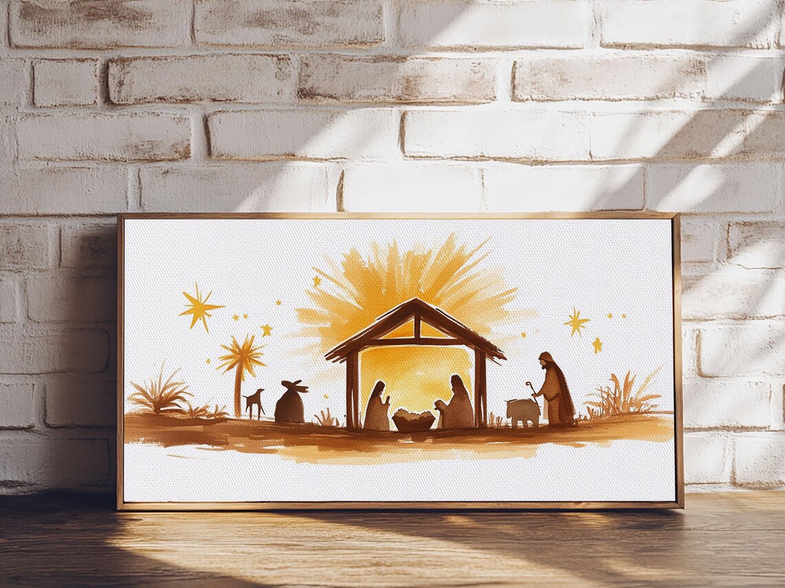 Minimalist Golden Nativity Silhouette Watercolor Christmas Wall Art - Image 4