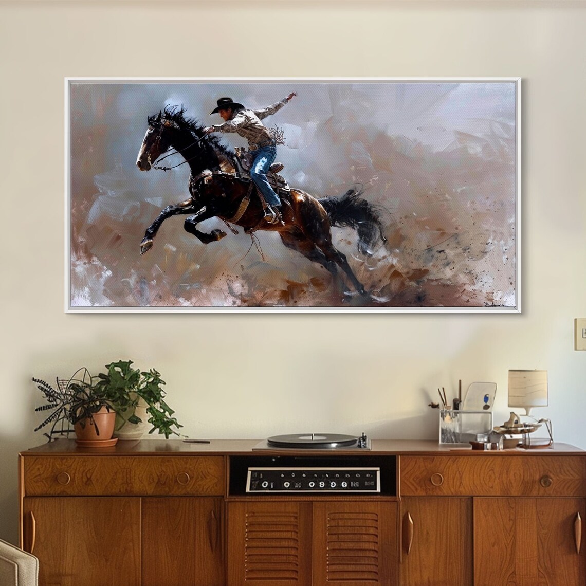Rodeo Cowboy On Rearing Bucking Horse Dusty Action Western Art Poster - Image 3