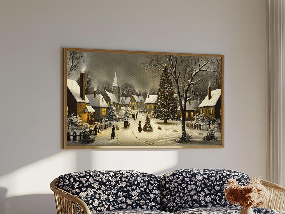 Victorian Christmas Village Night Snowy Church Tree Painting Print - Image 2