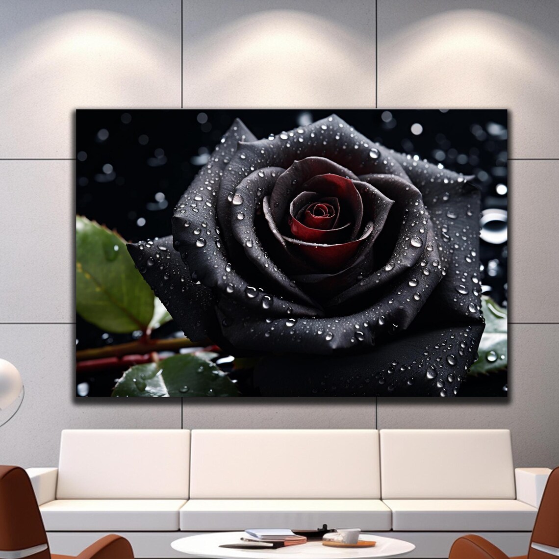 Black Red Rose Water Drops Dark Moody Floral Photography Wall Poster