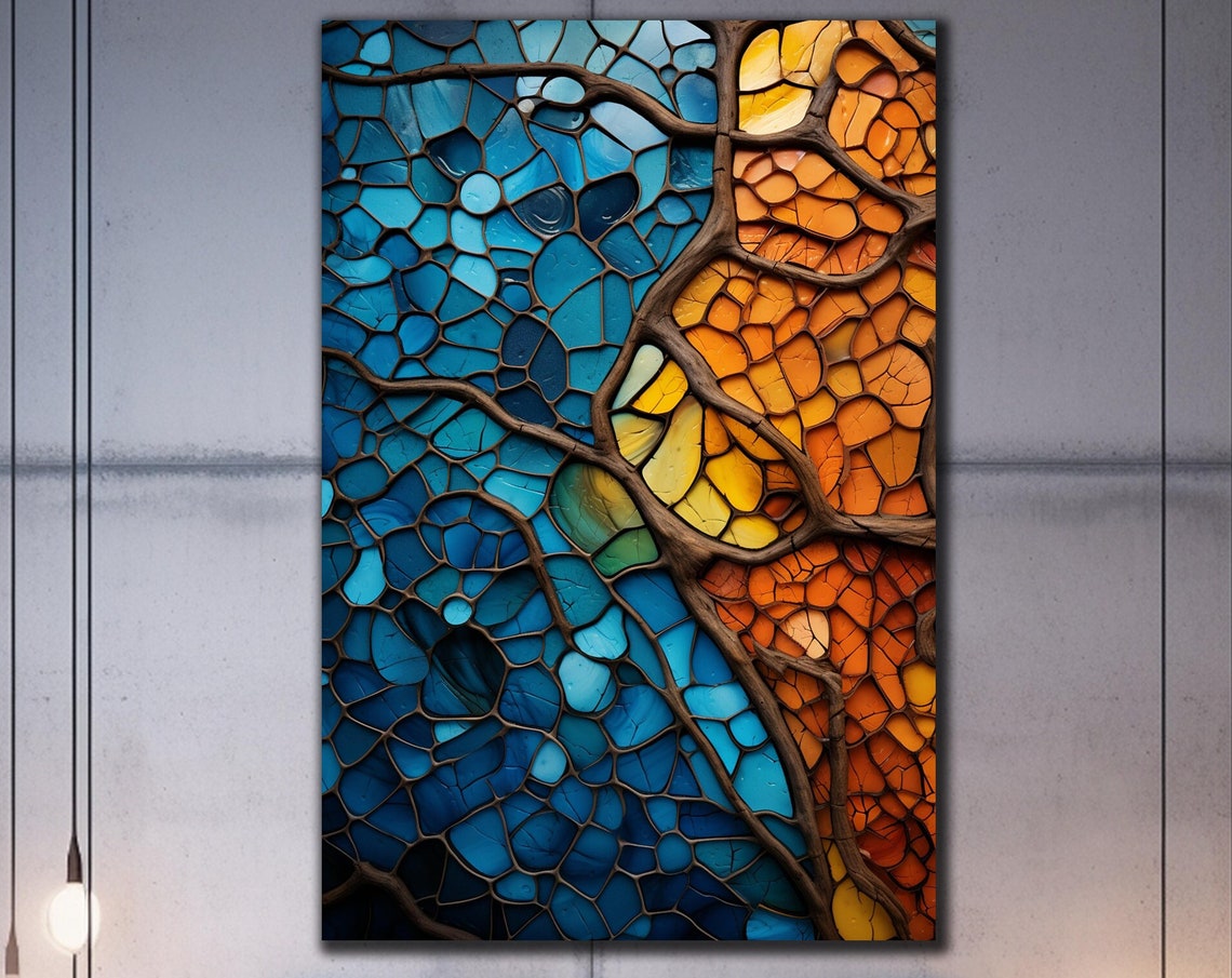 Blue Orange Stained Glass Mosaic Tree Branches Abstract Wall Poster