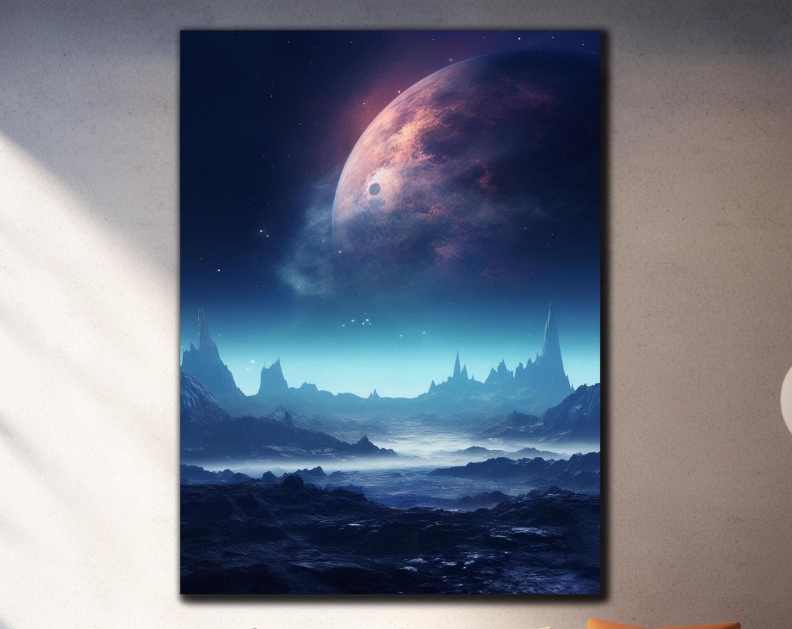 Alien Moon Planet Rising Over Misty Mountains Sci Fi Night Poster