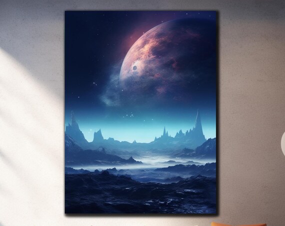 Alien Moon Planet Rising Over Misty Mountains Sci Fi Night Poster