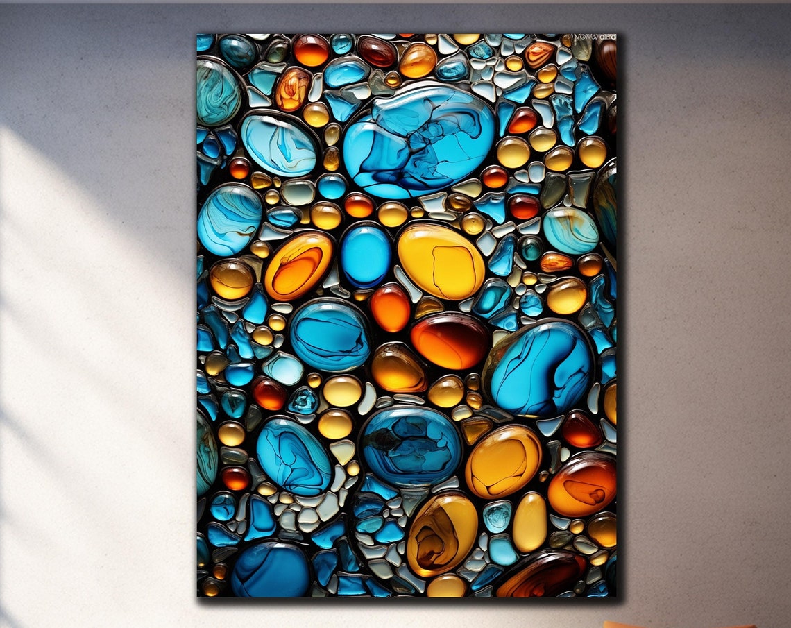 Glossy Glass Pebbles Mosaic Blue Amber Stones Abstract Wall Poster
