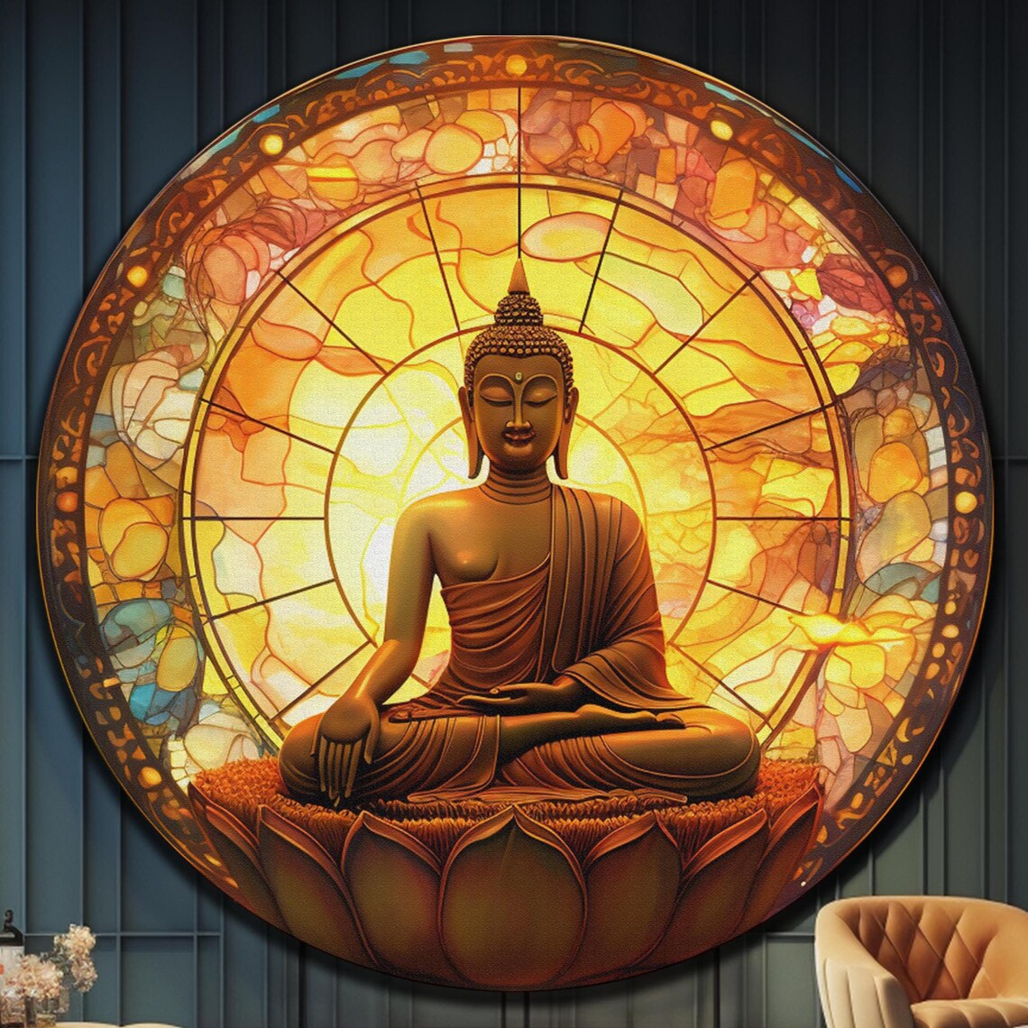 Buddha Golden Stained Glass Sunburst Lotus Meditating Wall Art