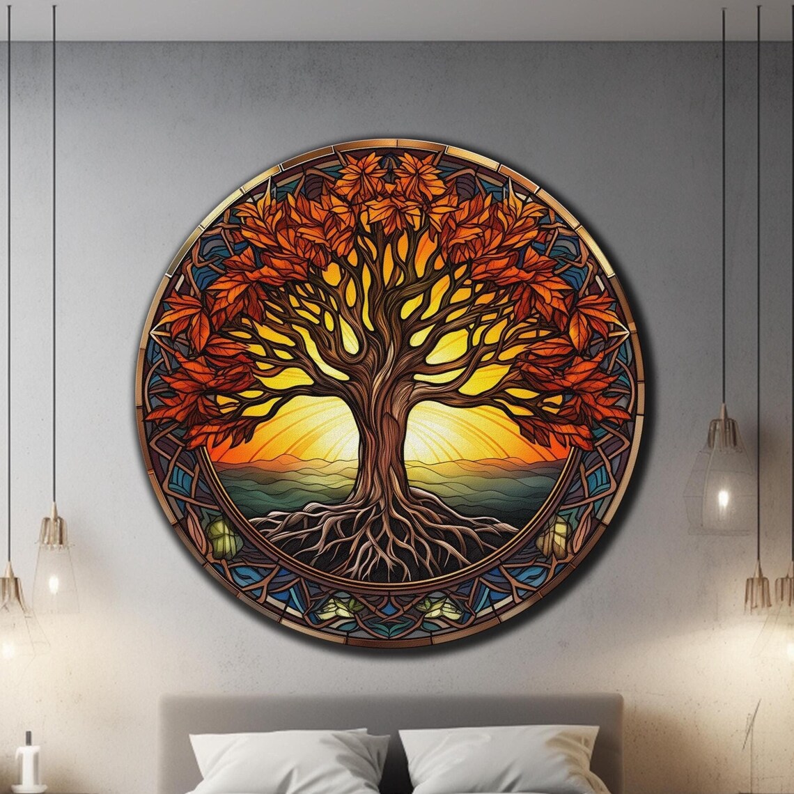 Tree of Life Round Stained Glass Autumn Leaves Sunrise Wall Art Poster