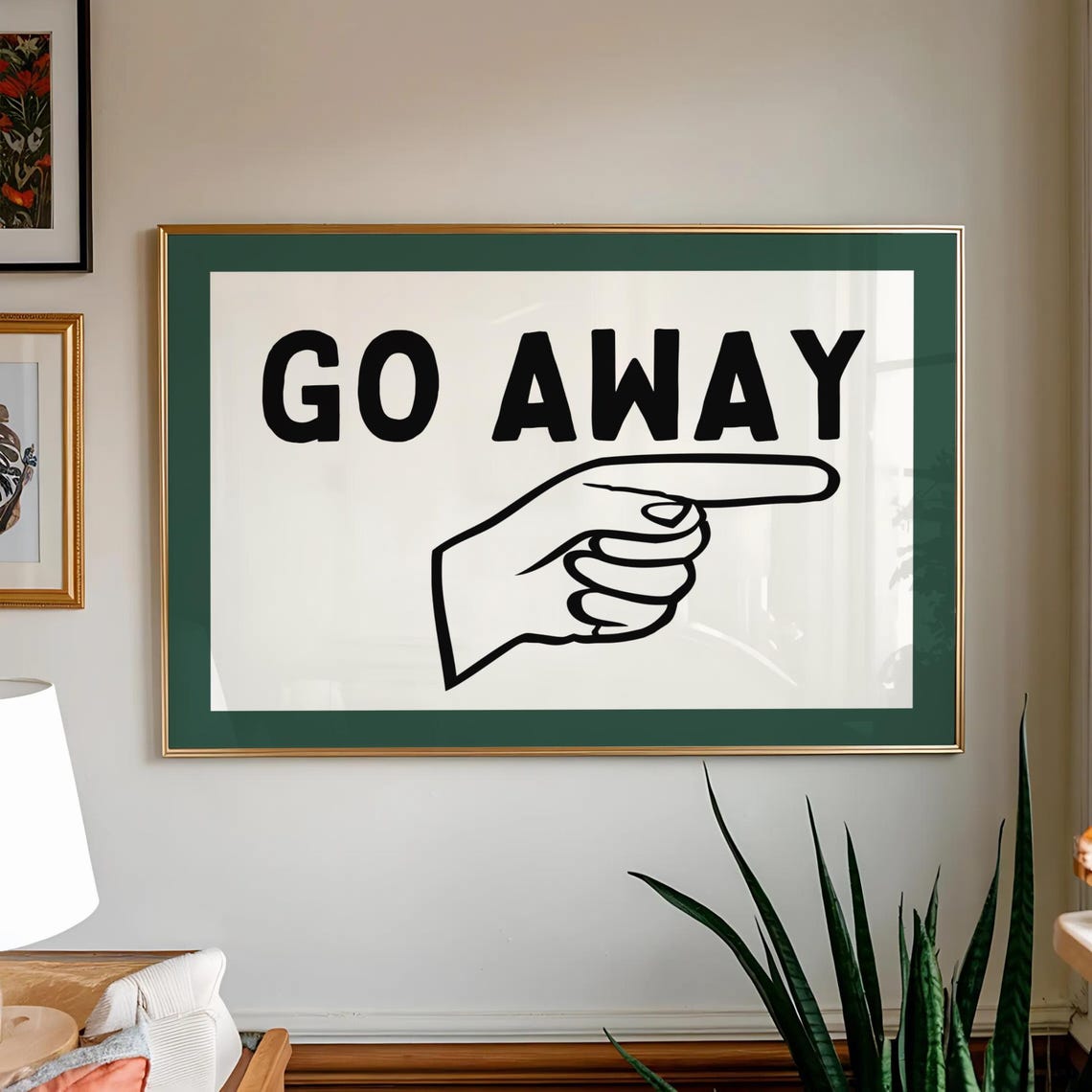 Go Away Funny Pointing Hand Sassy Green Border College Dorm Poster