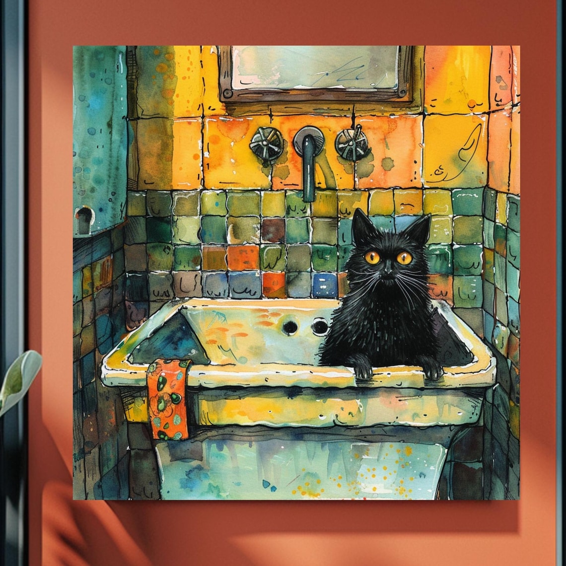 Funny Black Cat Bathroom Whimsical Pet Decor, Poster