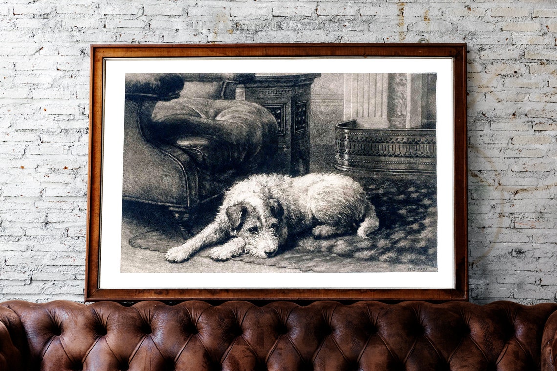 Antique Terrier Dog by Fireplace Etching 1910 Vintage Dog Art Print - Image 3