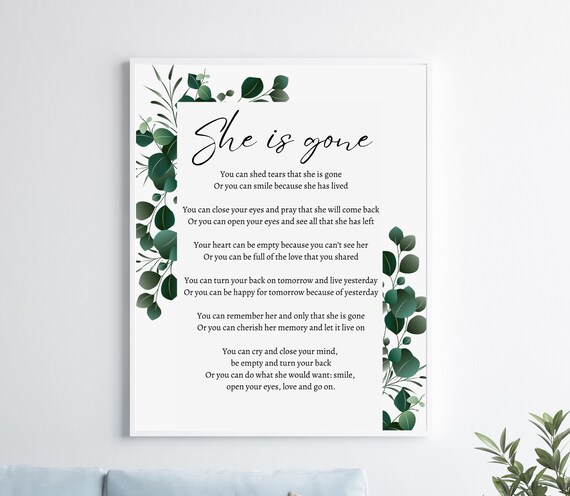 She Is Gone Eucalyptus Watercolor Botanical Memorial Poem Poster