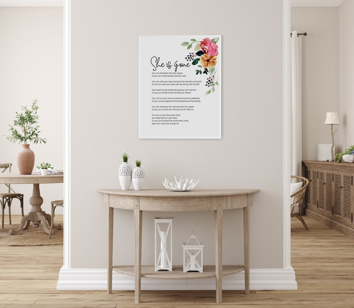 She Is Gone Pink Watercolor Floral Sympathy Memorial Poem Poster - Image 2