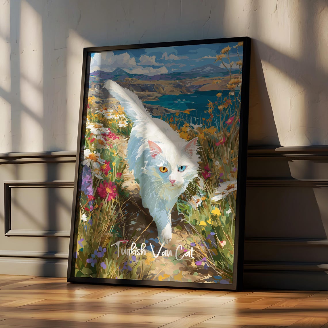 Turkish Van Cat Walking Through Wildflowers Mountain Art Poster