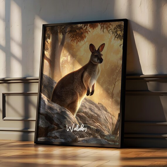 Wallaby Resting on Rocks in Golden Australian Bushland Poster