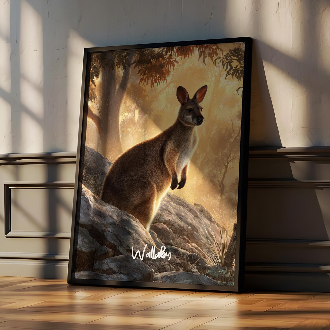 Wallaby Resting on Rocks in Golden Australian Bushland Poster