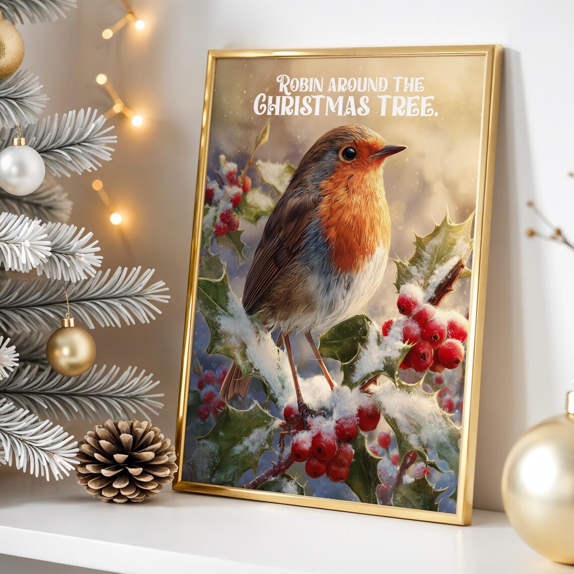 Robin Perched on Snowy Holly Branch Christmas Bird Scene Holiday Poster