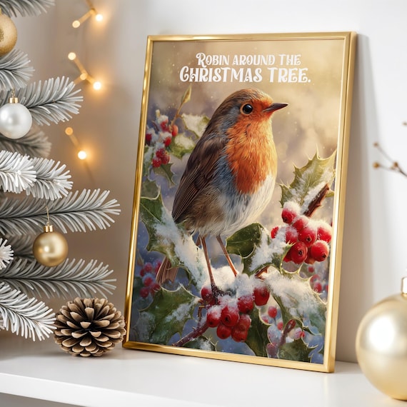 Robin Perched on Snowy Holly Branch Christmas Bird Scene Holiday Poster