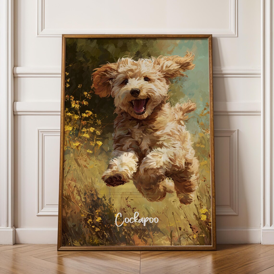 Playful Golden Cockapoo Puppy Running Meadow Oil Painting Poster