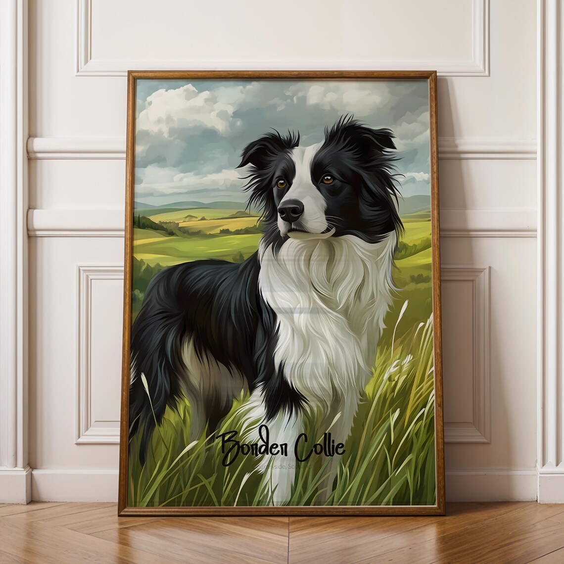 Border Collie in Green Meadow Countryside Dog Portrait Print