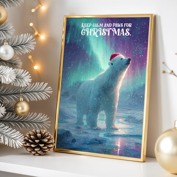 Paws For Christmas Polar Bear Poster Funny Winter Wall Art With Northern Lights