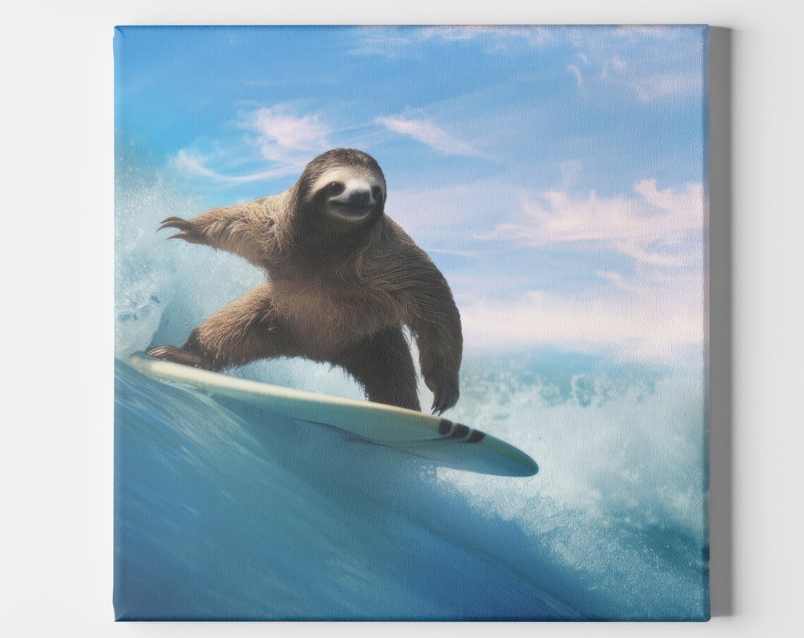 Sloth Surfing Tropical Kid Bedroom Art, Pura Vida