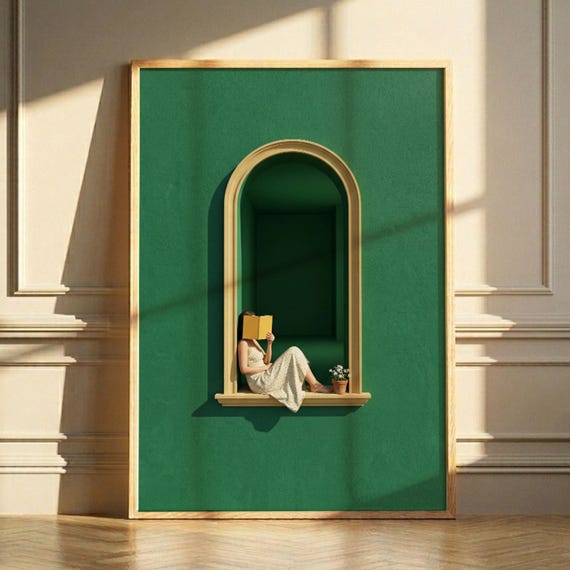 Emerald Green Reading Woman Print Minimalist Archway Art