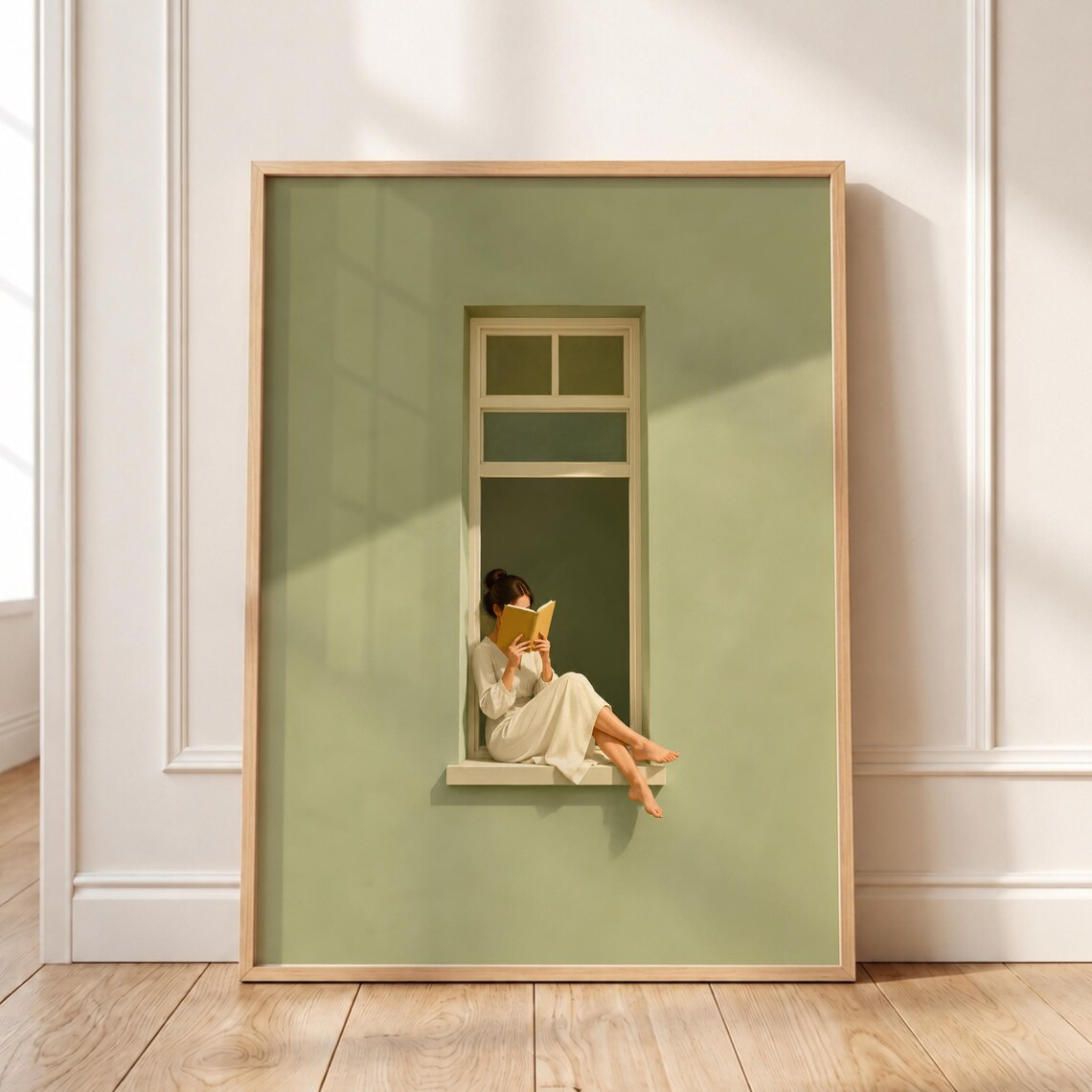 Woman Reading Art Print Sage Green Window Decor Cozy Book Lover Poster
