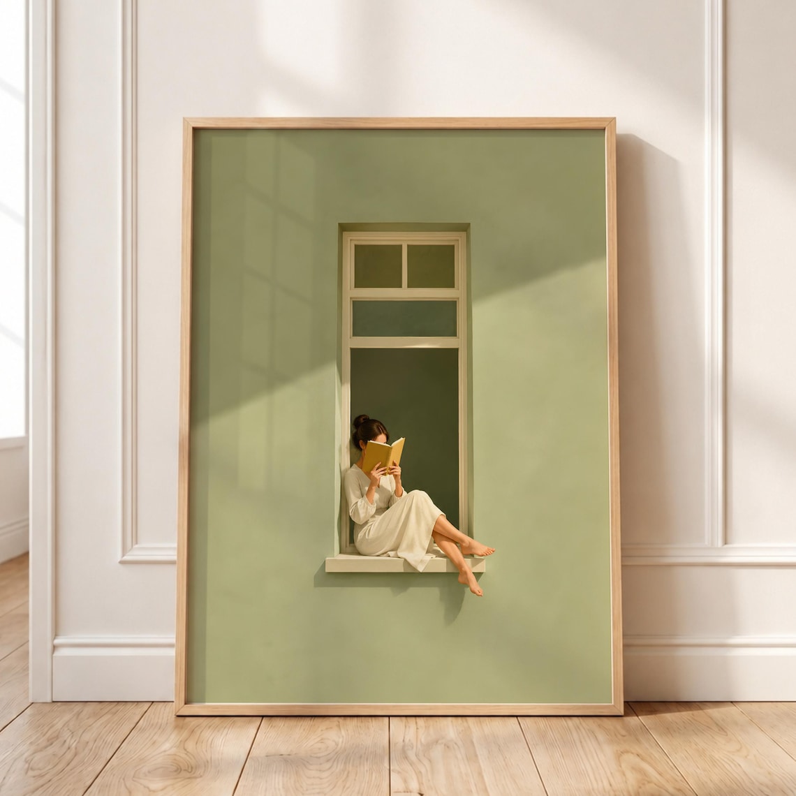 Woman Reading Book on Window Ledge Sage Green Minimalist Poster