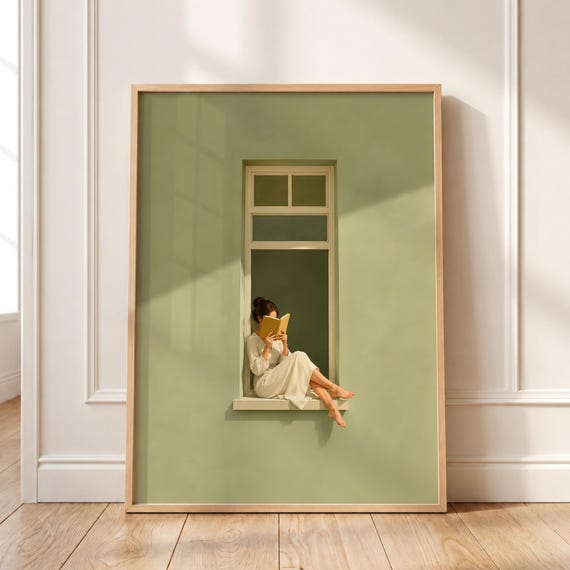 Woman Reading Art Print Sage Green Window Decor Cozy Book Lover Poster