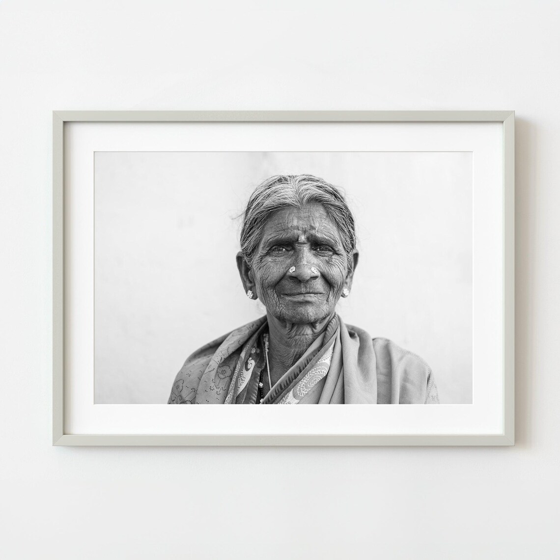 Elderly Woman In Sari Black And White Portrait Photography Poster