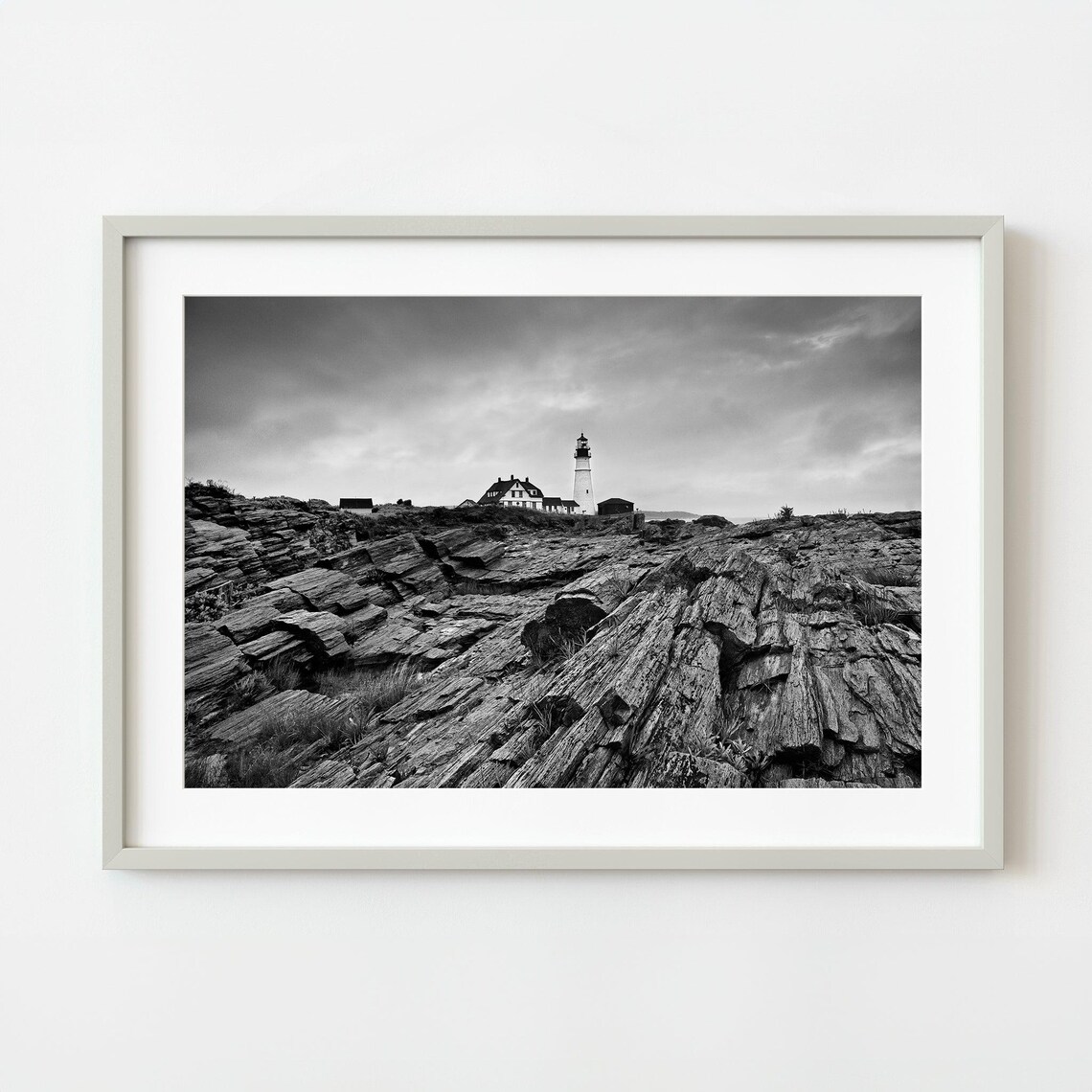 Portland Head Light Lighthouse Maine Black White Coastal Photography Print