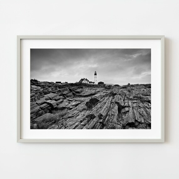 Portland Head Light Lighthouse Maine Black White Coastal Photography Print
