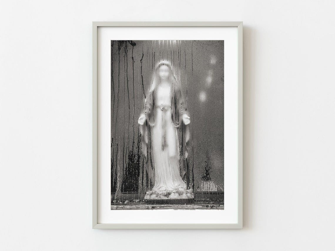 Virgin Mary Statue Behind Rain Streaked Glass Black White Art Poster