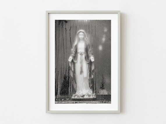 Virgin Mary Statue Behind Rain Streaked Glass Black White Art Poster