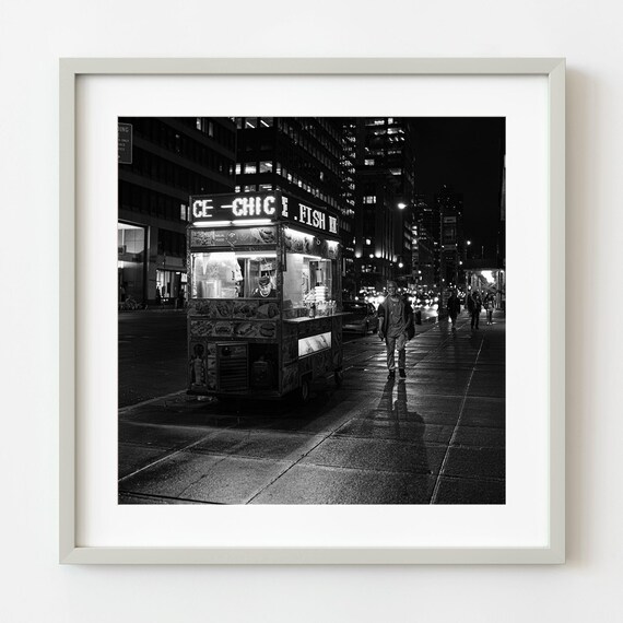 New York City Street Food Vendor Night Black White Photo Poster