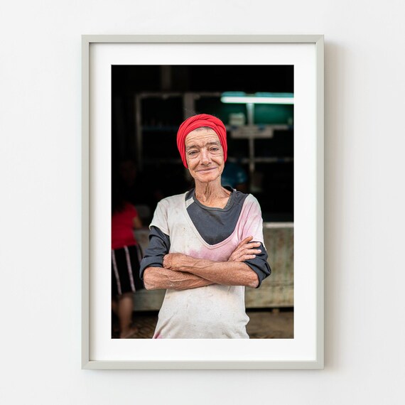 Smiling Elderly Woman Red Headscarf Portrait Warm Street Photo Poster