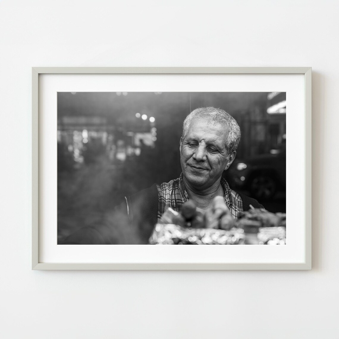 Street Food Vendor Grill Night Market Black White Photo Print