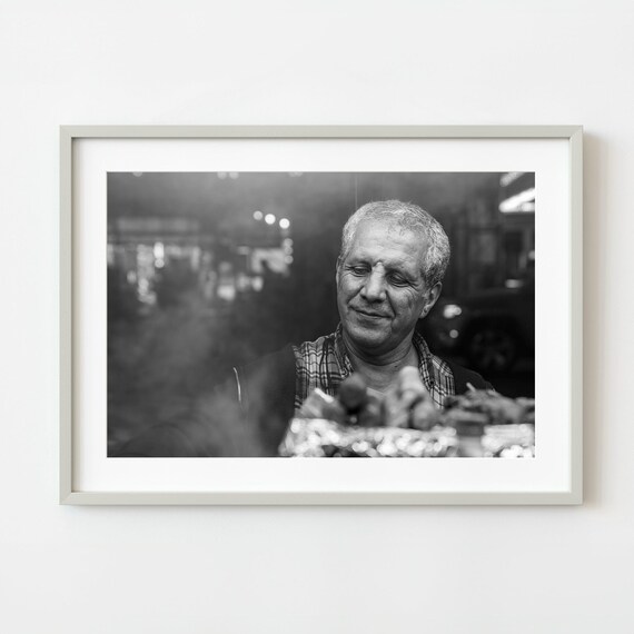 Street Food Vendor Grill Night Market Black White Photo Print