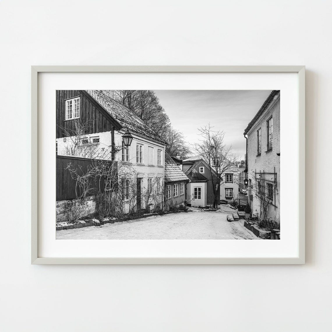 Snowy Oslo Old Town Street Black White Winter Photography Wall Art