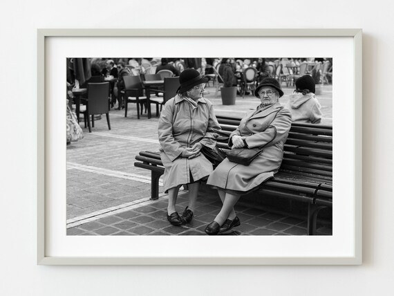 Romanian Elderly Women Bench Black White Street Photo Wall Art