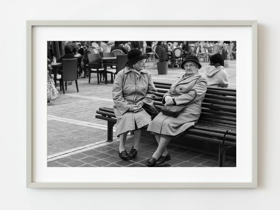 Romanian Elderly Women Bench Black White Street Photo Wall Art