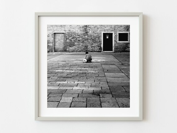 Boy With Soccer Ball Old Courtyard Black And White Photo Poster