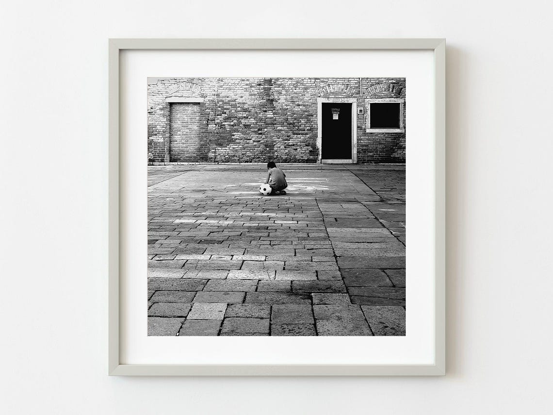 Boy With Soccer Ball Old Courtyard Black And White Photo Poster
