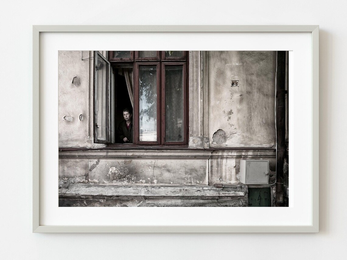 Woman At Window Old Weathered Building Moody Urban Photo Poster