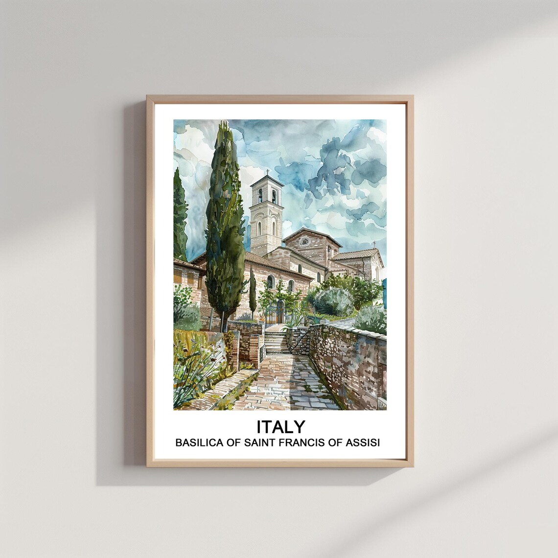 Basilica Of Saint Francis Assisi Italy Watercolor Travel Poster