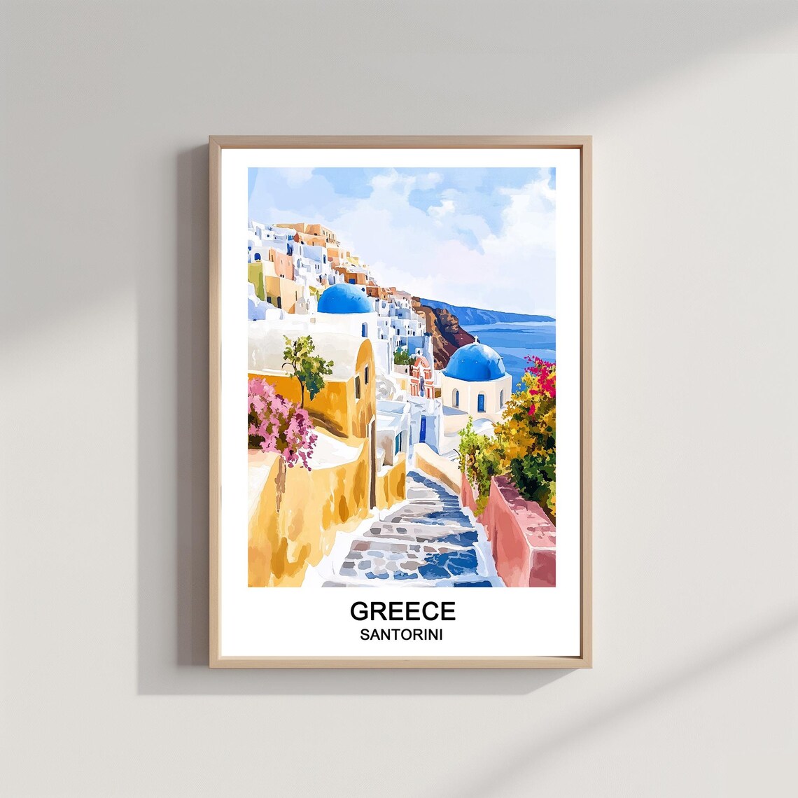 Santorini Greece Watercolor Blue Domes Cliffside Village Poster