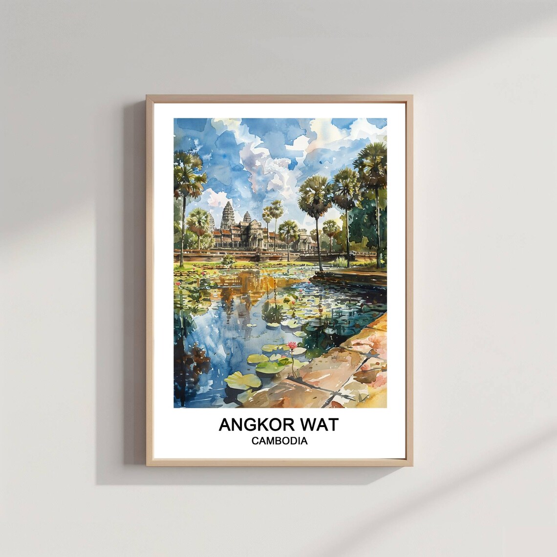 Angkor Wat Cambodia Watercolor Lily Pond Temple Travel Poster