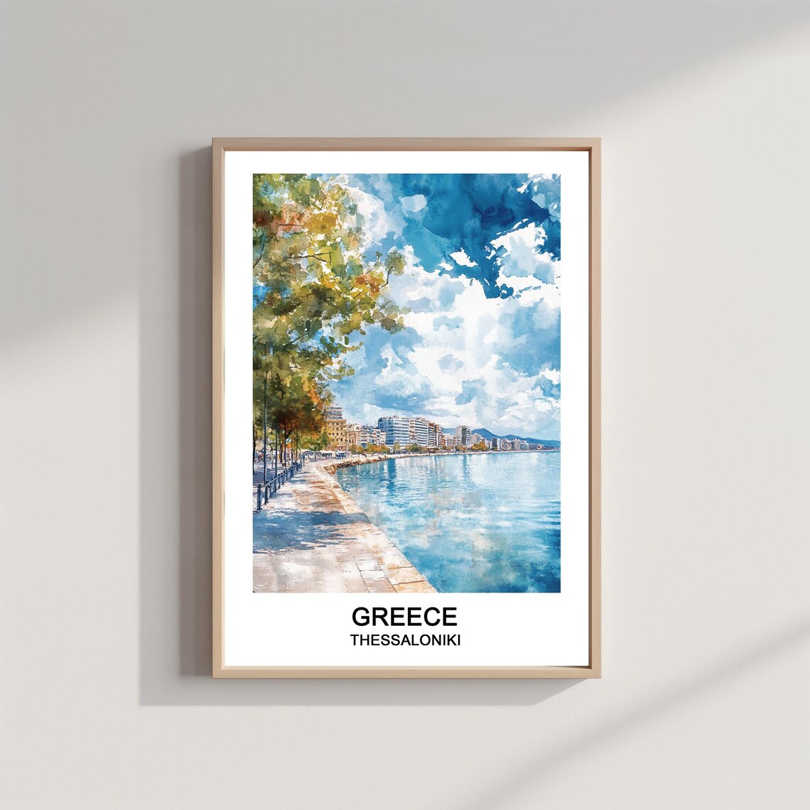 Thessaloniki Greece Watercolor Waterfront Skyline Coastal Poster