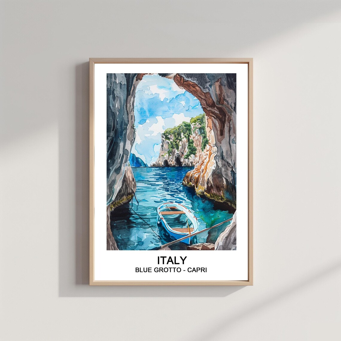 Italy Blue Grotto Capri Watercolor Cave Boat Travel Art Poster