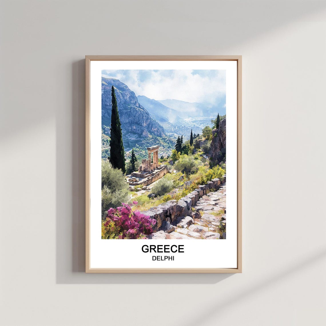 Ancient Delphi Ruins Greece Watercolor Scenic Mountain Travel Poster