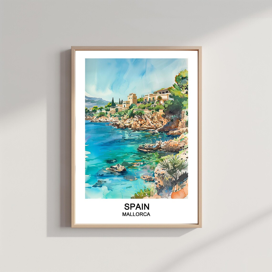Mallorca Spain Turquoise Cove Rocky Coastline Watercolor Travel Poster